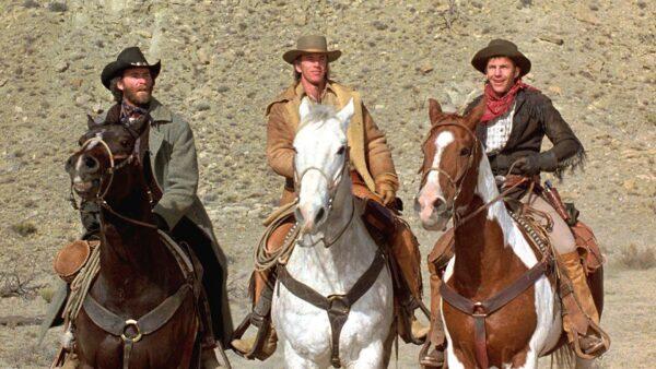 (L–R) Kevin Kline, Scott Glenn, and Kevin Costner in “Silverado.” (Columbia Pictures)