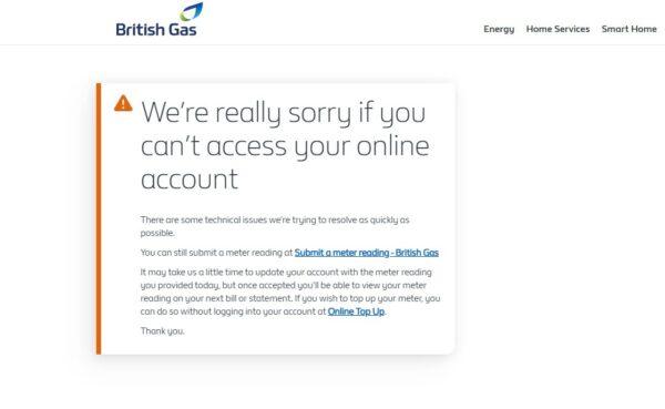 Screengrab of the British Gas website, which crashed as customers rush to submit meter readings, on March 31, 2022. (PA)