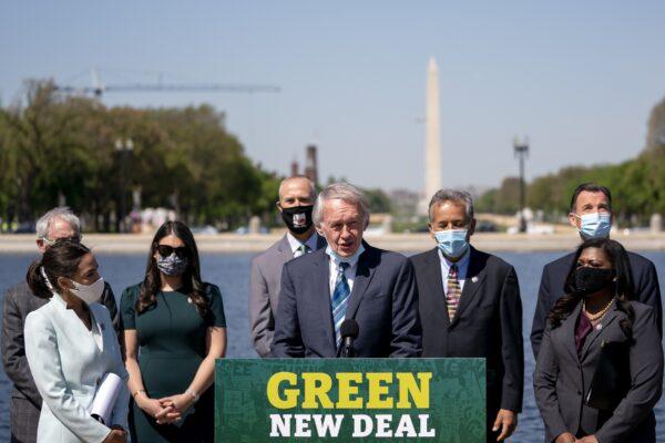 Sen. Edward Markey, a Democrat from Massachusetts, speaks during a news conference on Capitol Hill in Washington on April 20, 2021. Lawmakers reintroduced the Green New Deal and introduced the Civilian Climate Corps Act. (Stefani Reynolds/Bloomberg via Getty Images)