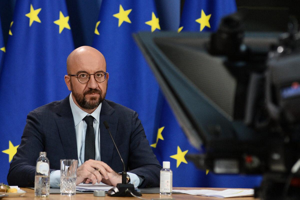 European Council President Charles Michel attends the leaders summit on climate via video conference, in Brussels on April 22, 2021. (Johanna Geron/POOL/AFP via Getty Images)