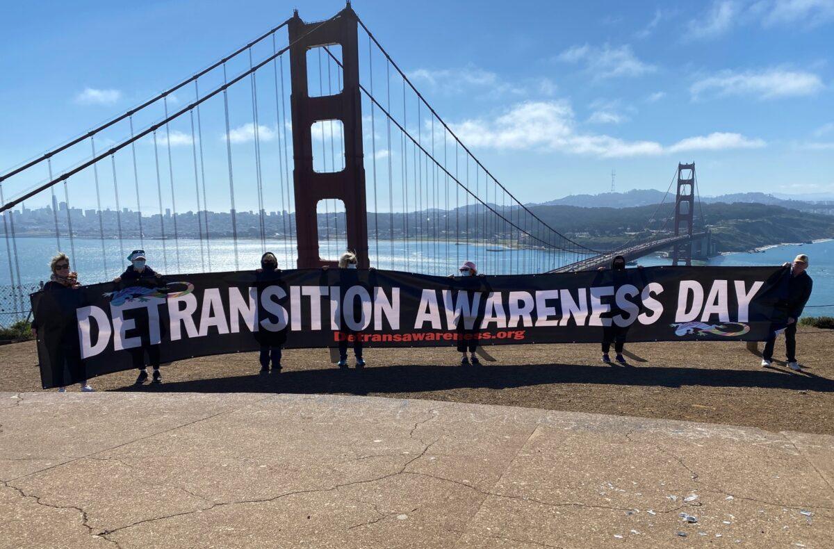 Demonstrators promote Detransition Awareness Day near the Golden Gate Bridge in San Francisco on March 12, 2022. (Courtesy of protesters)