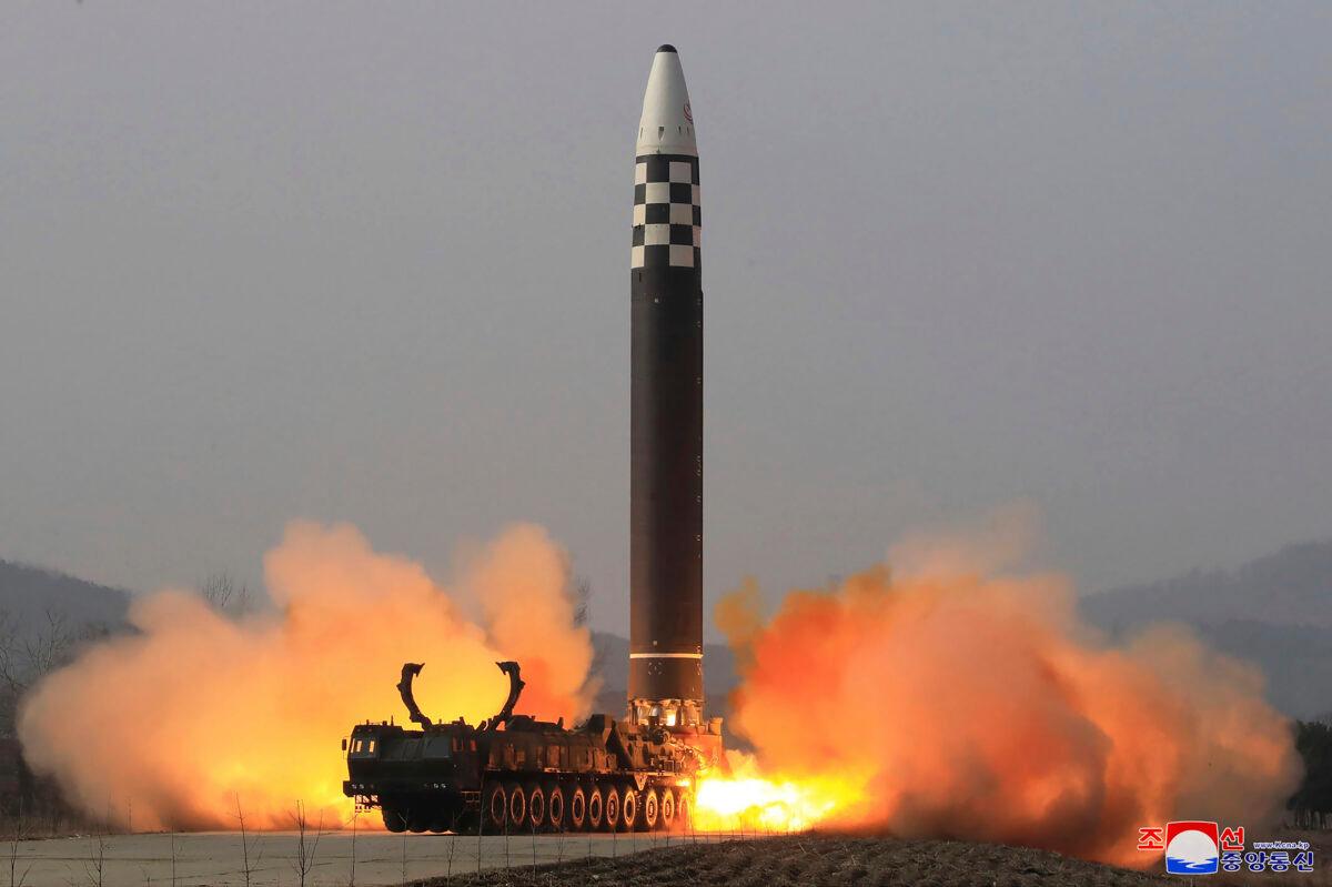 A test-fire of a nuclear-capable Hwasong-17 intercontinental ballistic missile (ICBM), at an undisclosed location in North Korea, on March 24, 2022. (Korean Central News Agency/Korea News Service via AP)