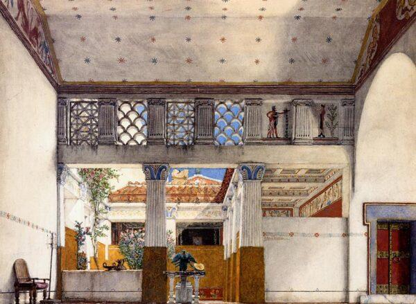 “Interior of Caius Martius House," 1901, by Lawrence Alma-Tadema. Watercolor with pencil and bodycolor on paper; 14.4 inches by 19.8 inches. Private Collection (Public Domain)