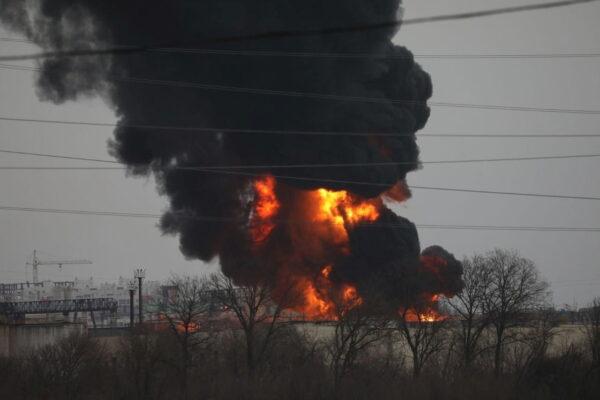 A fuel depot on fire in the city of Belgorod, Russia, on April 1, 2022. (Pavel Kolyadin/BelPressa/Handout via Reuters)