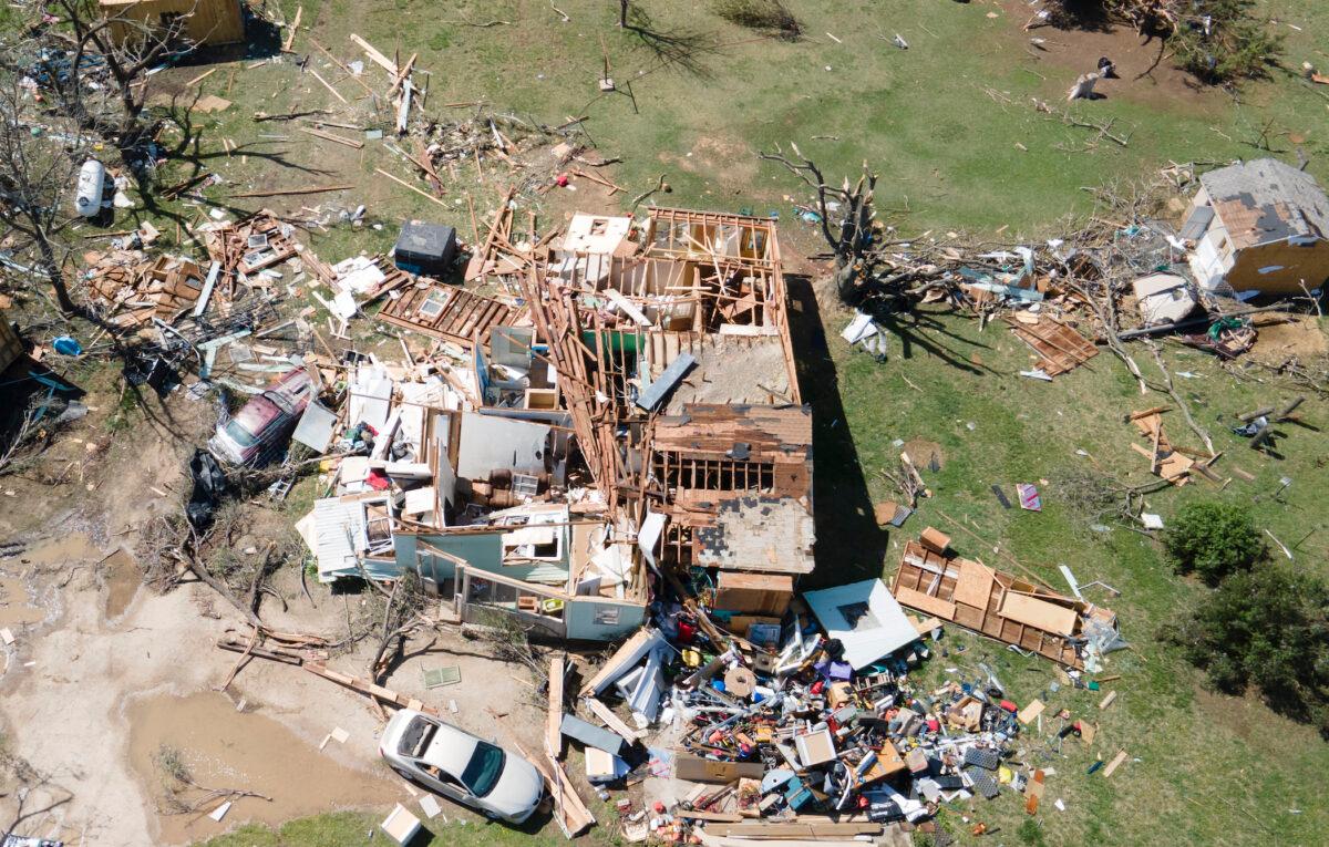 A home is destroyed from a possible tornado the next before near Andover, Kan., on April 30, 2022. (Jaime Green/The Wichita Eagle via AP)