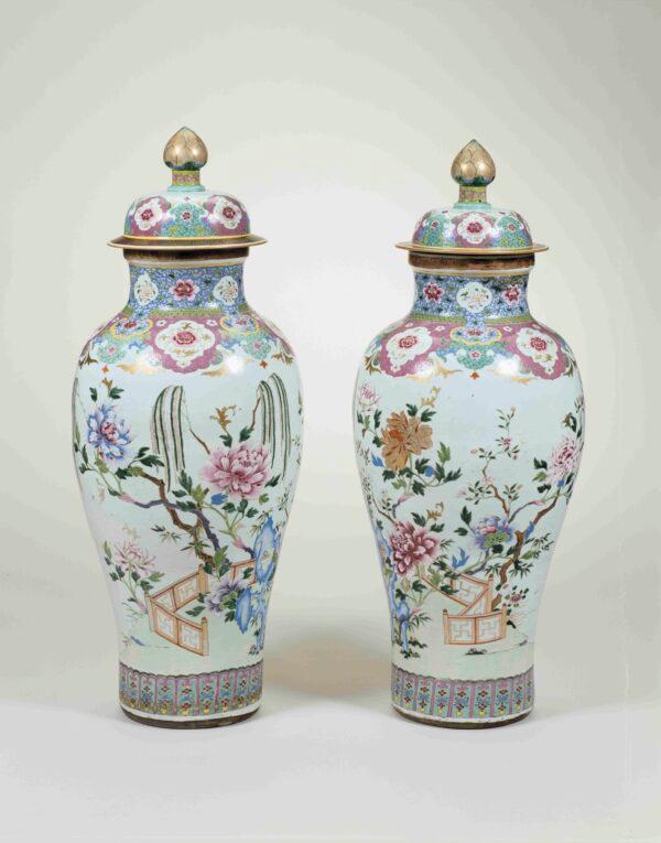 Covered "soldier" vases, 1750–70, by unknown (Qing Dynasty, 1644–1911), Jingdezhen, China. Hard-paste porcelain with famille rose enamels (rose-colored overglaze enamels) and gold; 72 inches by 28 inches. Hillwood Estate, Museum & Gardens. Note: Only one of these vases is in the exhibition. (Courtesy of Hillwood Estate, Museum & Gardens)