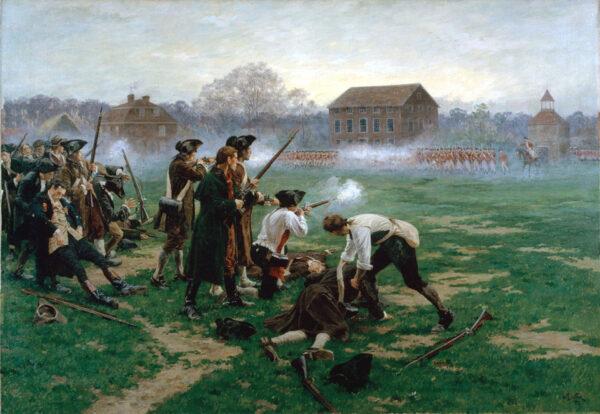 The Battle of Lexington in 1775. The painting is from 1910. (Public Domain)