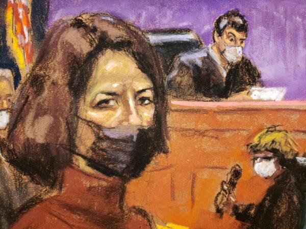  Jeffrey Epstein associate Ghislaine Maxwell sits as the guilty verdict in her sex abuse trial is read in a courtroom sketch in New York City on Dec. 29, 2021. (Jane Rosenberg/Reuters)