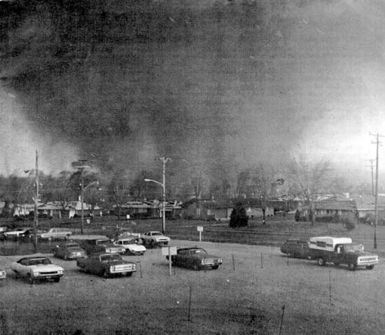 Greene Memorial Hospital's PR director Fred Stewart took this iconic photograph of the April 3, 1974 tornado that destroyed Xenia. (Courtesy of the Greene County Historical Society)