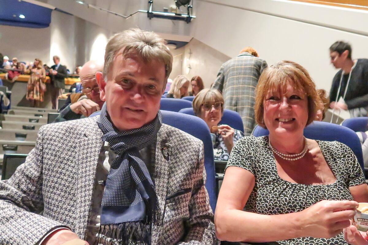 Paul Litherland and Carol Williams at the performance of Shen Yun Performing Arts in Birmingham, England, on April 2, 2022. (Lily Zhou/The Epoch Times)