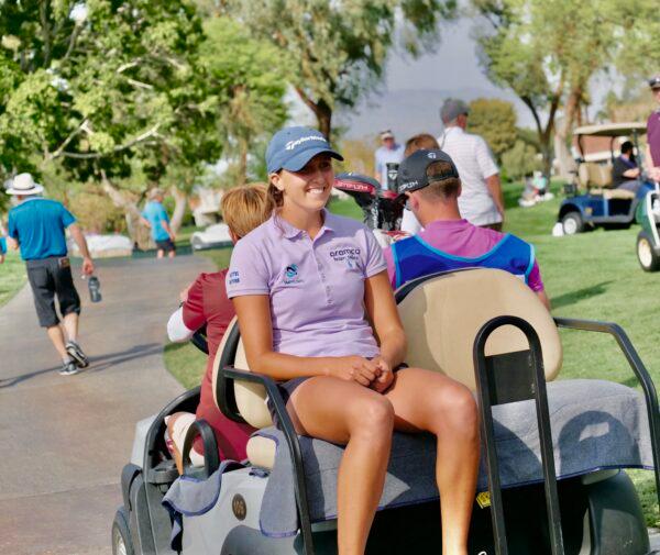 Third place finisher, Pia Babnik, is the youngest professional at The Chevron Championship, takes cart to the 18th tee in the final round, at The Westin Mission Hills Golf Resort & Spa in Rancho Mirage, Calif., on April 3, 2022. (Nhat Hoang/The Epoch Times)