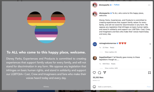 A Disney Parks post on Instagram on March 22, 2022, the day that company employees said they were planning to walk off their jobs en masse. (From Instagram)