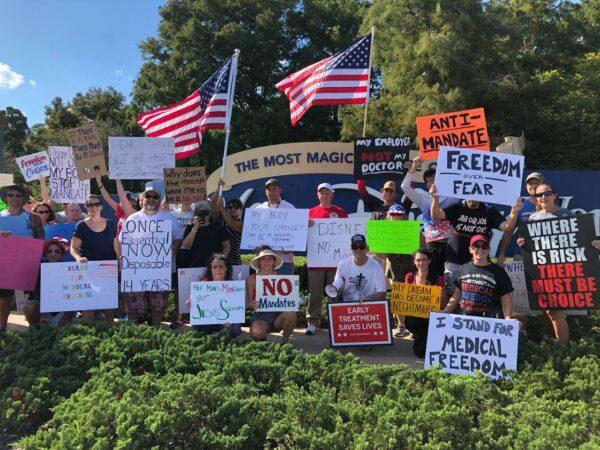 Disney workers in Florida gather in front of Walt Disney World on Sept. 26, 2021, to oppose vaccine mandates. (Courtesy of Nick Caturano)