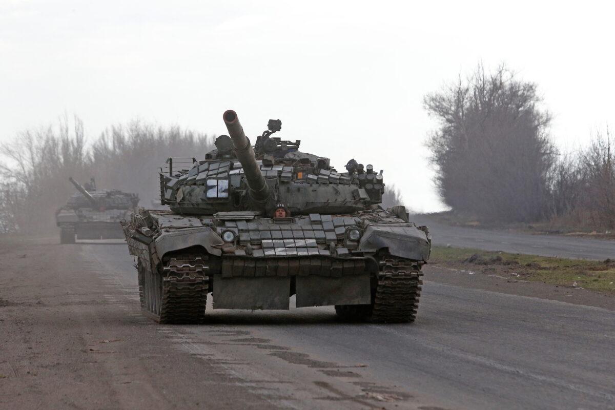 A view shows an armored convoy of pro-Russian troops during the Ukraine–Russia conflict on a road near Mariupol, Ukraine, on April 3, 2022. (Alexander Ermochenko/Reuters)