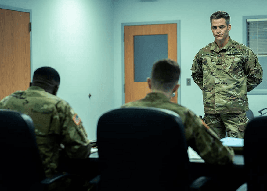 James Harper, ex-SEAL, current Green Beret (Chris Pine, standing) being honorably discharged, in "The Contractor." (Paramount Pictures)