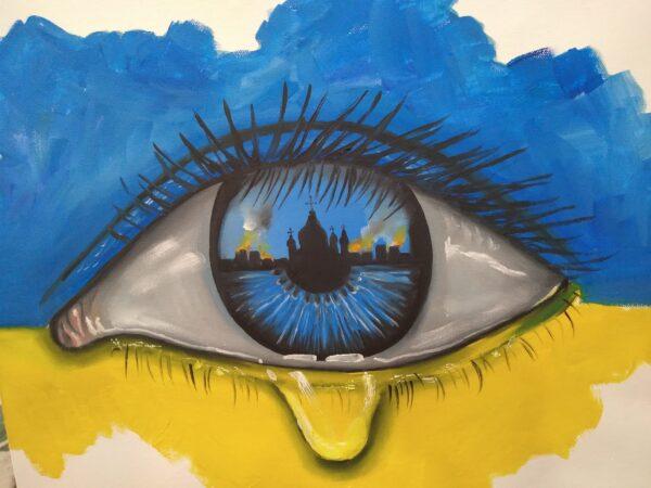 An art auction of paintings, including this one called Eye of Ukraine, created by local Ukrainian artists was part of Caffeine Lakewood's and the Cleveland Maidan Association's fundraiser on April 2. The event was attended by about 100 people and raised about $10,000 for emergency first responders in Ukraine. (Michael Sakal/The Epoch Times)