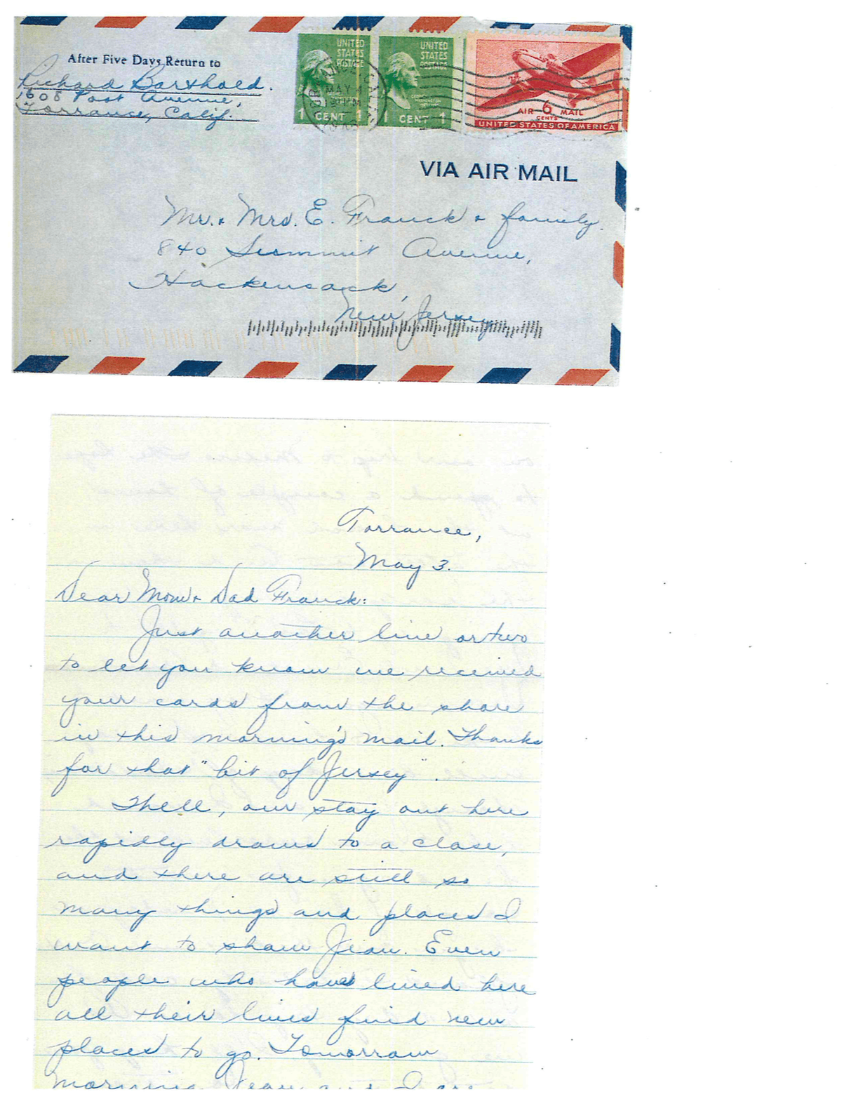 Letter received on July 29, 2021, postmarked May 4, 1946. (Courtesy of Gary Katen)