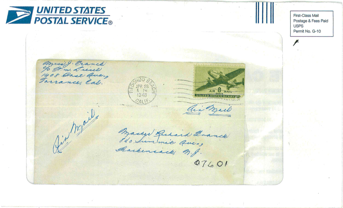 Letter received in mid-August 2021, postmarked April 28, 1946. (Courtesy of Gary Katen)