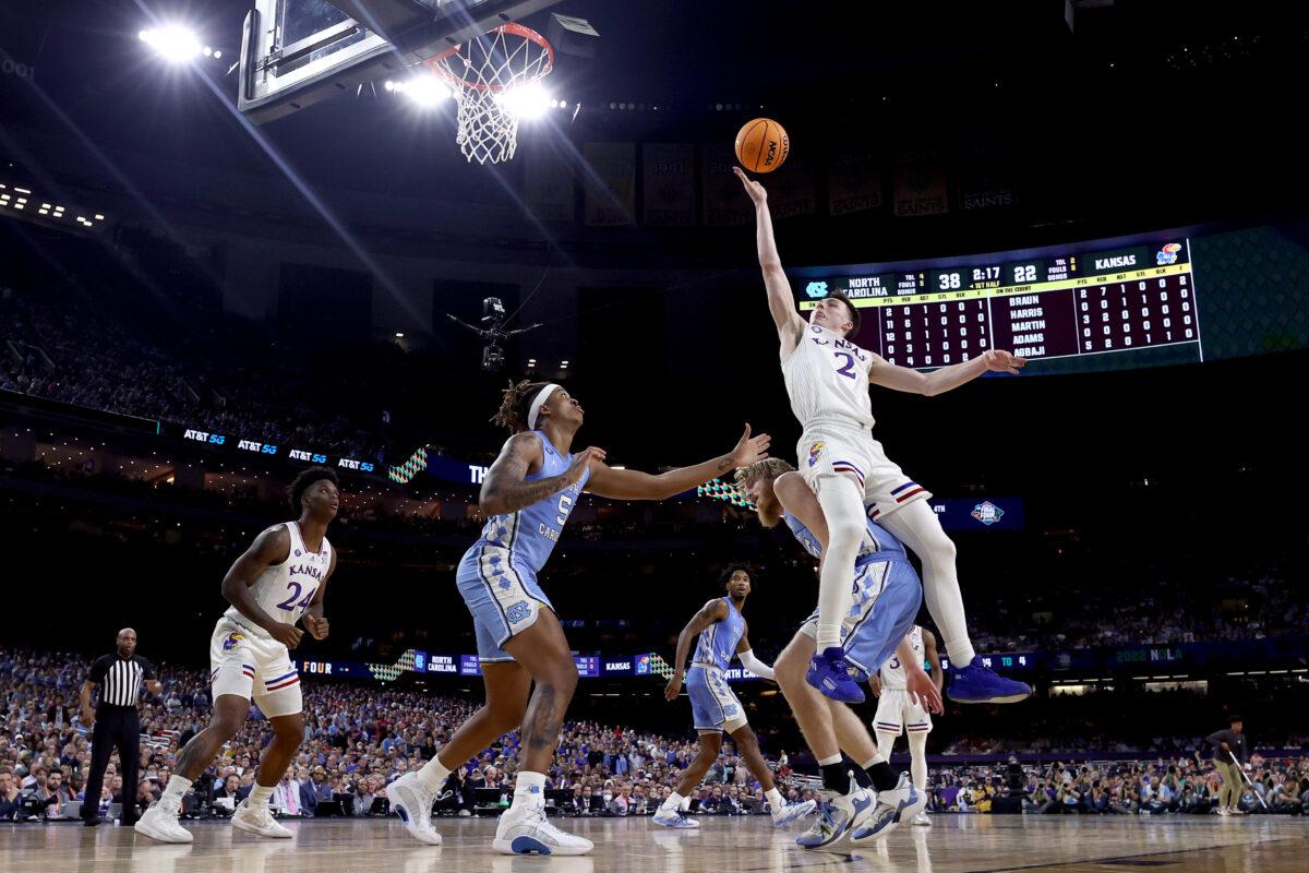 Christian Braun #2 of the Kansas Jayhawks shoots the ball in the first half of the game against the North Carolina Tar Heels during the 2022 NCAA Men's Basketball Tournament National Championship at Caesars Superdome, in New Orleans, on April 4, 2022. (Jamie Squire/Getty Images)