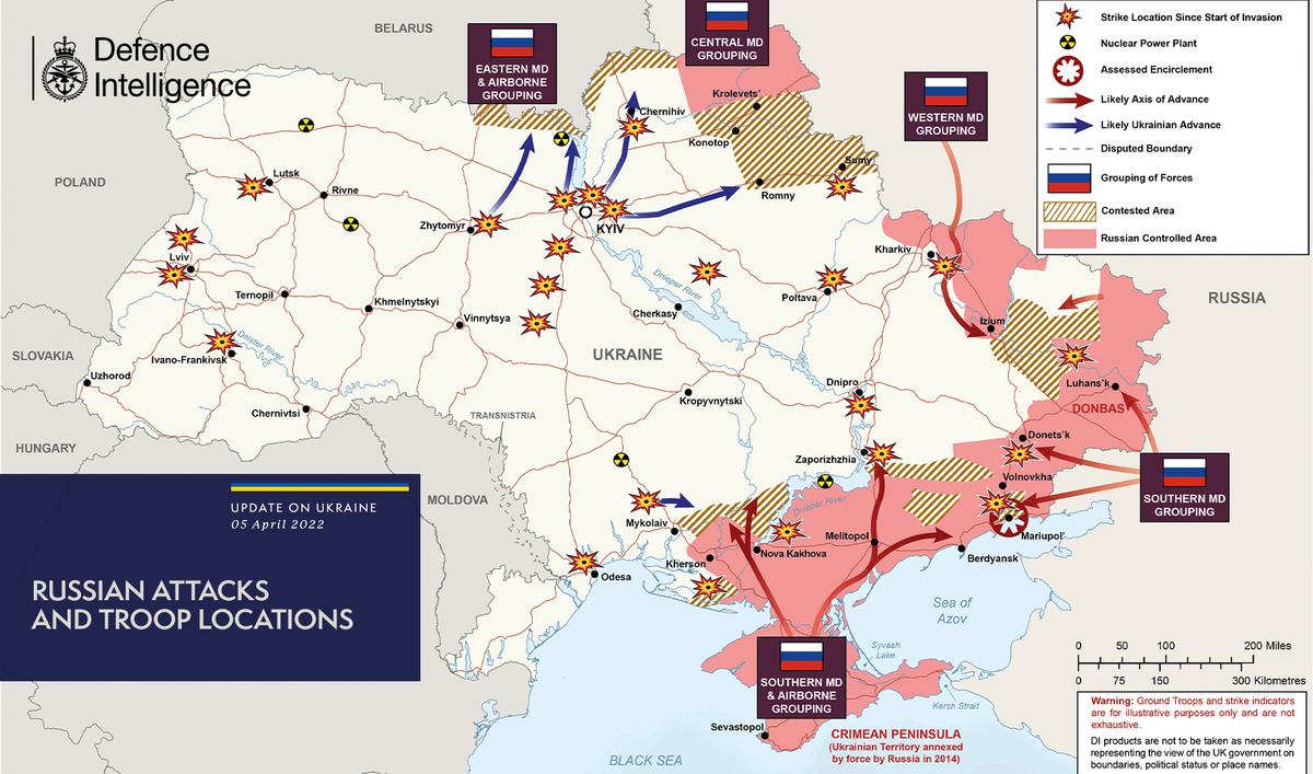  A map by the U.K. Ministry of Defense shows the troop locations of Russia and Ukraine as of April 5. (U.K. Ministry of Defense)