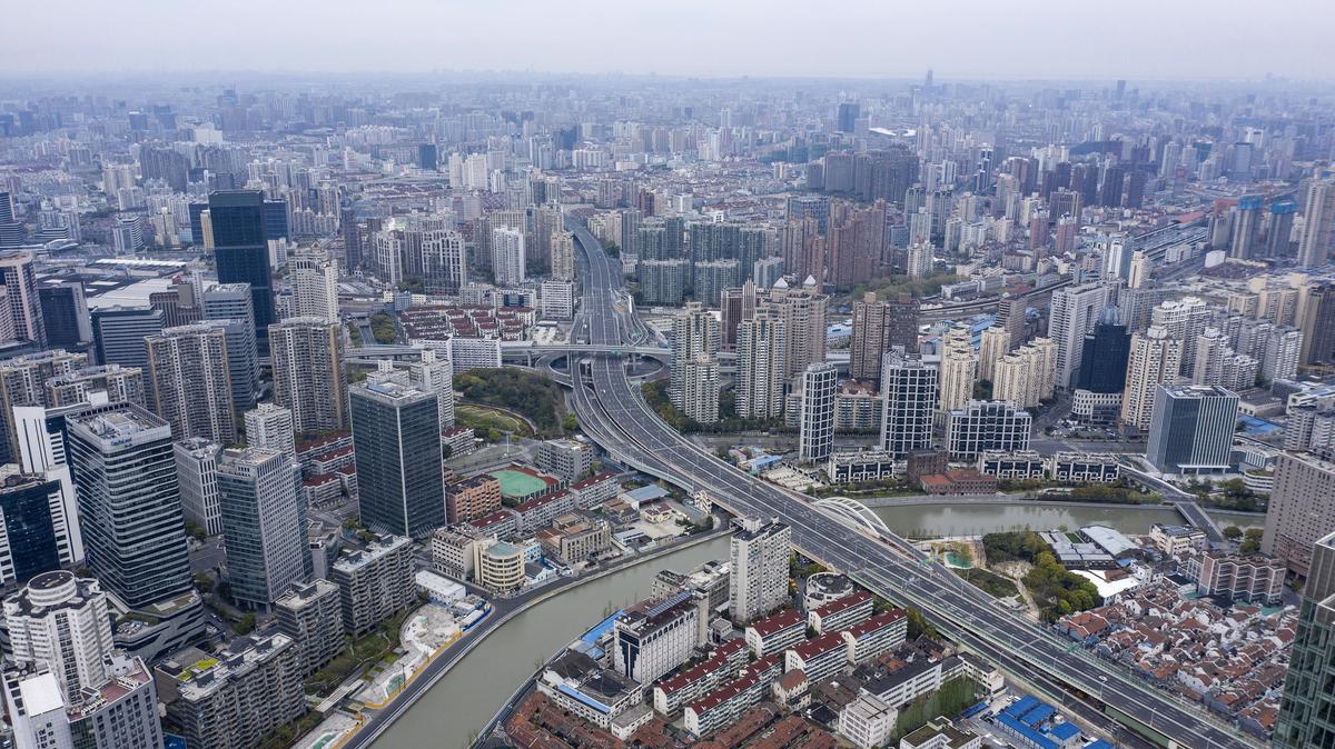 Empty roads during a COVID-19 lockdown in Shanghai, China, on Apr. 5, 2022. Shanghai reported more than 13,000 daily COVID cases, as a sweeping city lockdown and mass testing uncovered extensive spread of the highly infectious Omicron variant. (Qilai Shen/Bloomberg via Getty Images)