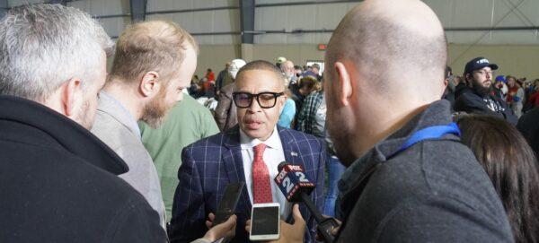 Former Detroit police chief James Craig, candidate for governor of Michigan talks with reporters at the Trump rally in Macomb County, April 2, 2022. (Steven Kovac/The Epoch Times)