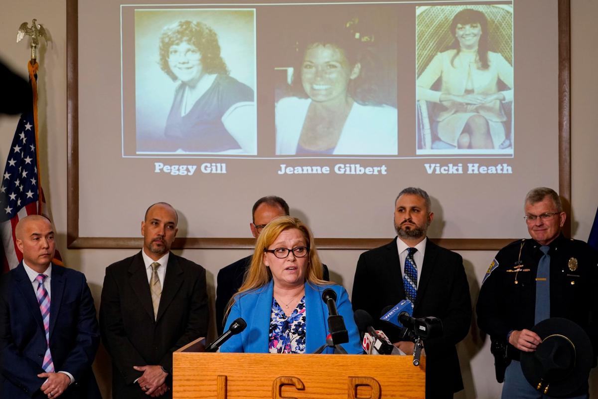 Kim Gilbert Wright, daughter of Jeanne Gilbert, speaks after the Indiana State announced the identity of the suspect in the "Days Inn" cold case murders during a press conference in Indianapolis, on April 5, 2022. (Michael Conroy/AP Photo)