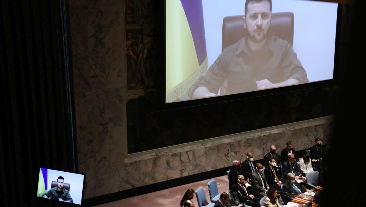 Ukrainian President Volodymyr Zelenskyy addresses the United Nations (UN) Security Council via video link on April 5, 2022, in New York City. (Spencer Platt/Getty Images)
