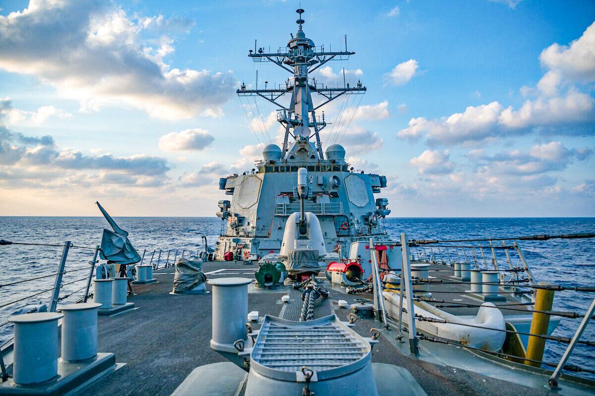 This U.S. Navy photo released April 29, 2020, shows The Arleigh-Burke class guided-missile destroyer USS Barry (DDG 52) conducting underway operations on April 28, 2020 in the South China Sea. (Samuel Hardgrove/US NAVY/AFP)