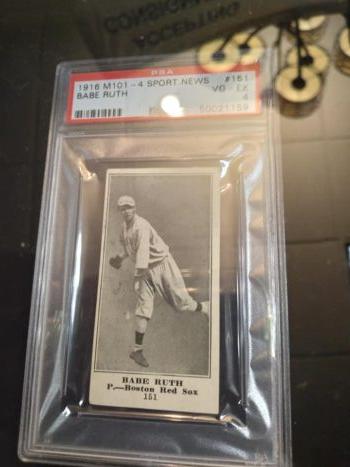 Baseball cards of Babe Ruth remain among the most desirable for serious collectors. Pictured here is the card that is considered Ruth's rookie card—a 1916 <em>Sporting News card </em>issued when Ruth was a 21-year-old pitcher for the Boston Red Sox. The card sold at an auction on March 31, 2022, for $351,000. (Michael Sakal/The Epoch Times)