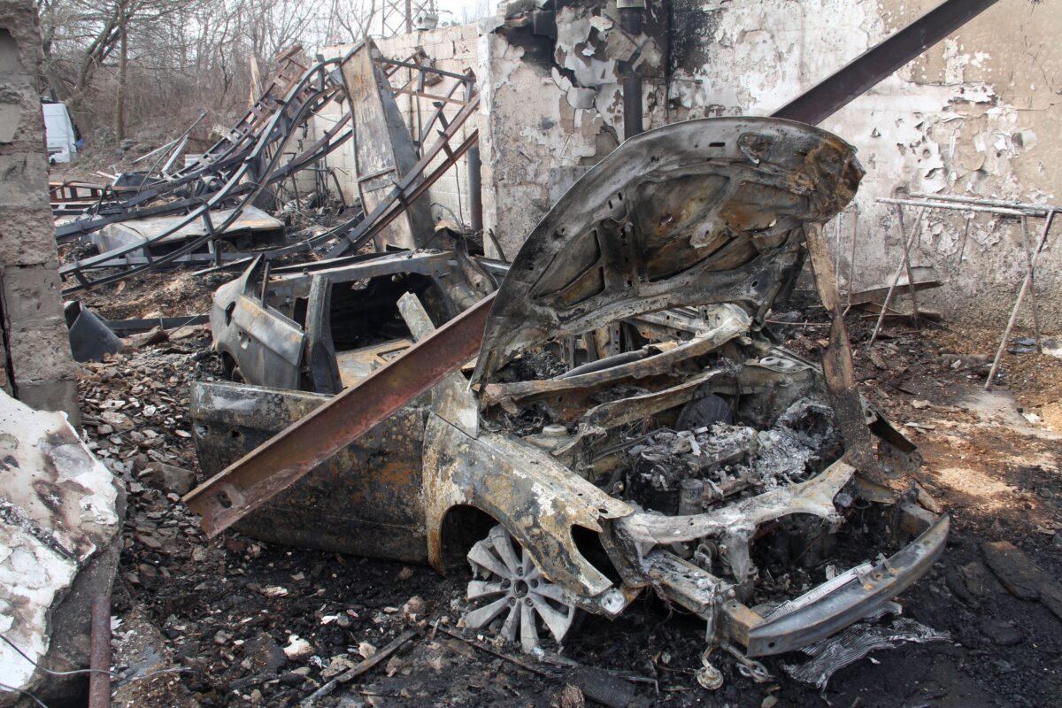 A view of cars damaged during shelling, amid Russia's invasion of Ukraine, in Kharkiv, Ukraine, on April 5, 2022. (Oleksandr Lapshyn/Reuters)