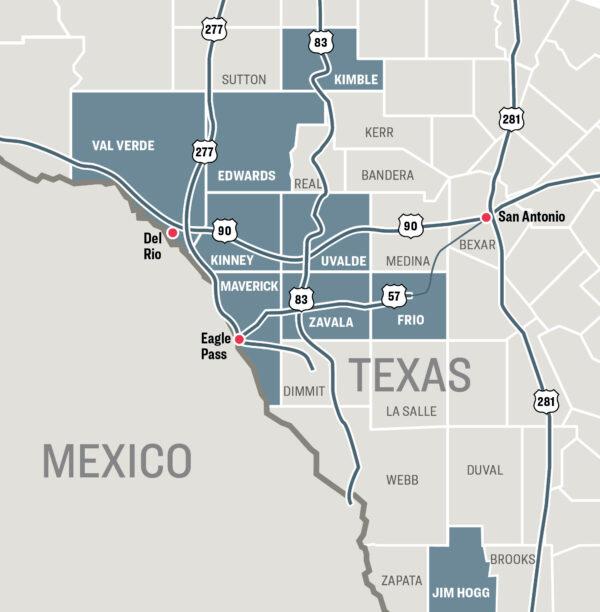 A map showing the south Texas counties that have joined the Operation Lone Star trespass prosecution of illegal immigrants on state and private land. (The Epoch Times)