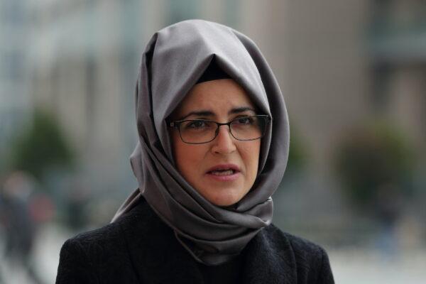 Hatice Cengiz, fiancee of the murdered Saudi journalist Jamal Khashoggi, talks to Reuters outside Justice Palace, the Caglayan Courthouse, after attending a trial on the killing of Khashoggi at the Saudi Arabian Consulate, in Istanbul, on April 7, 2022. (Murad Sezer/Reuters)