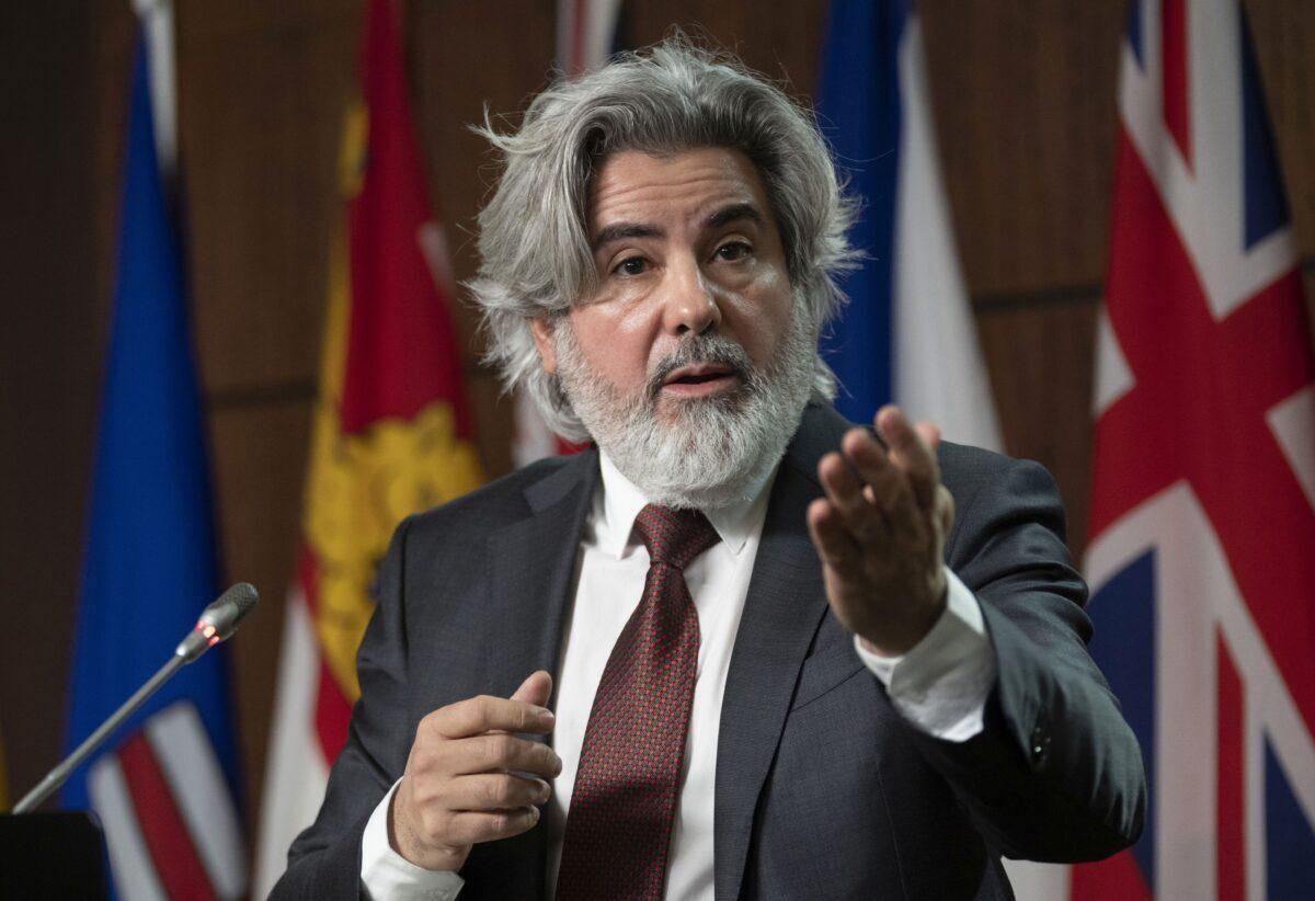 Canadian Heritage Minister Pablo Rodriguez speaks about the government’s plans to amend the Broadcast Act during a news conference in Ottawa on Feb. 2, 2022. (Adrian Wyld/The Canadian Press)