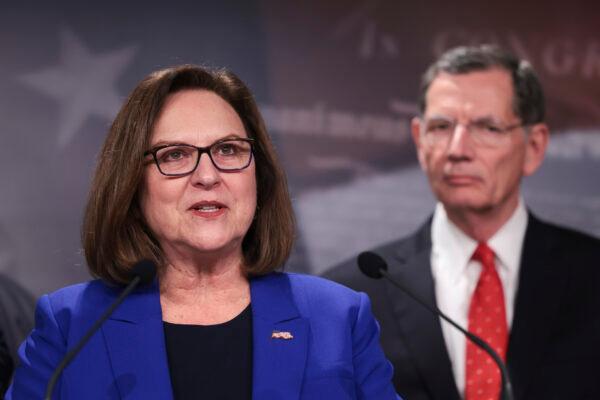 Sen. Deb Fischer (R-Neb.), joined by Sen. John Barrasso (R-Wyo.), speaks on inflation at a news conference at the Capitol on March 10, 2022. (Kevin Dietsch/Getty Images)