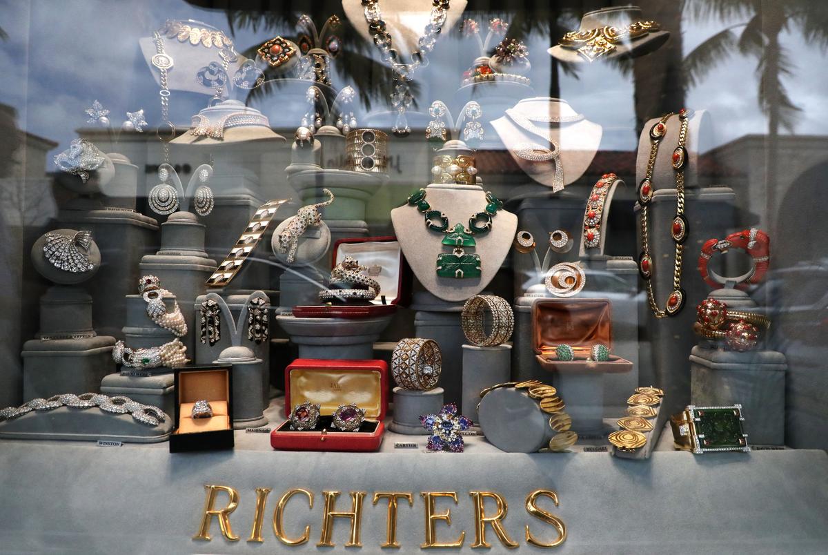 Jewelry on display at Richters of Palm Beach along Worth Ave. in Palm Beach on Wednesday, February 16, 2022. (Carline Jean/South Florida Sun-Sentinel/TNS)