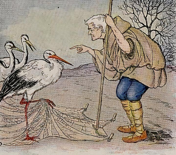 “The Farmer and the Stork,” illustrated by Milo Winter, from “The Aesop for Children,” 1919. (PD-US)