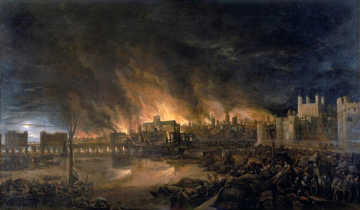 "The Great Fire of London" by an unknown painter, 1675. (<a href="https://commons.wikimedia.org/wiki/File:Great_Fire_London.jpg">Public Domain</a>)