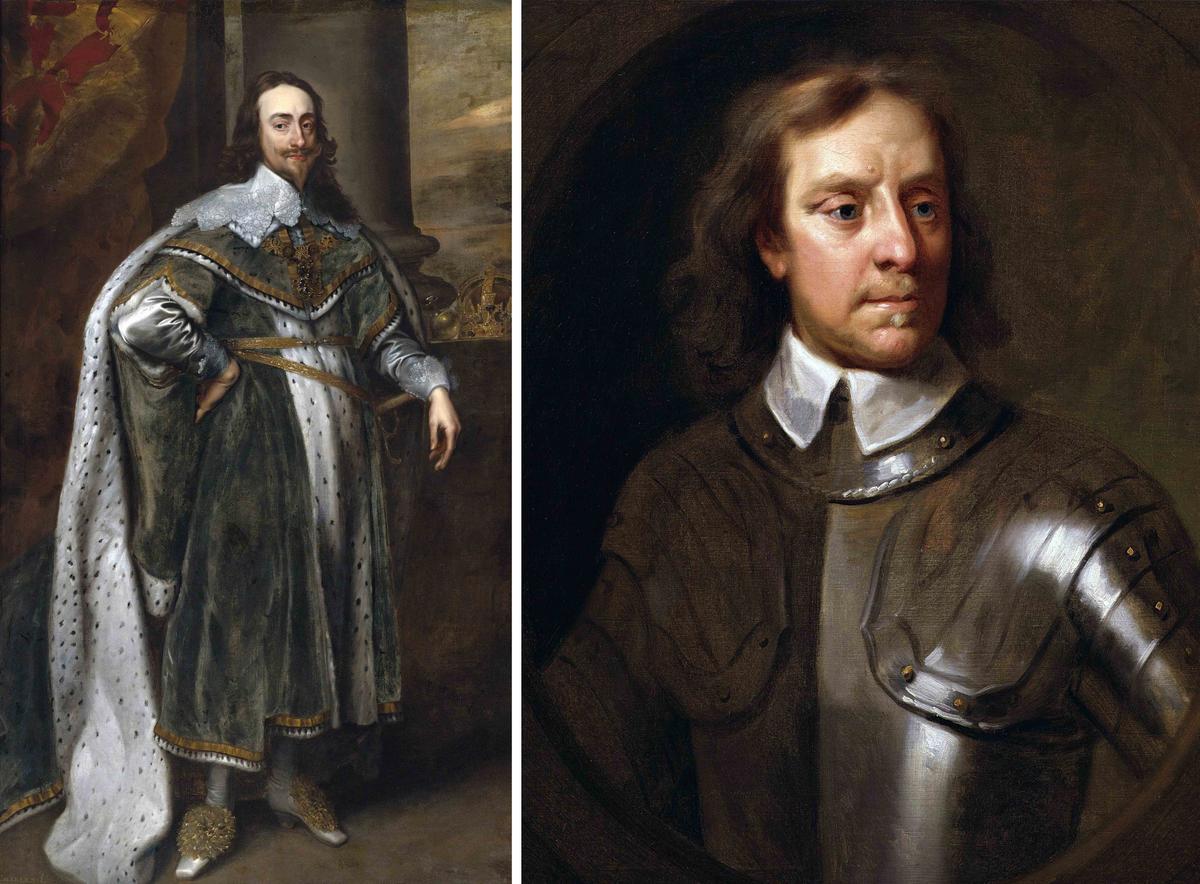 (Left) "King Charles I of England" after Anthony van Dyck (<a href="https://commons.wikimedia.org/wiki/File:King_Charles_I_after_original_by_van_Dyck.jpg">Public Domain</a>); (Right) Oliver Cromwell. (<a href="https://commons.wikimedia.org/wiki/File:Oliver_Cromwell_by_Samuel_Cooper.jpg">Public Domain</a>)
