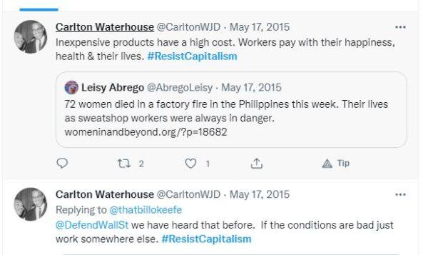 Some of the numerous Twitter posts from EPA nominee Carlton Waterhouse with the hashtag #ResistCapitalism. (Screenshot via The Epoch Times)