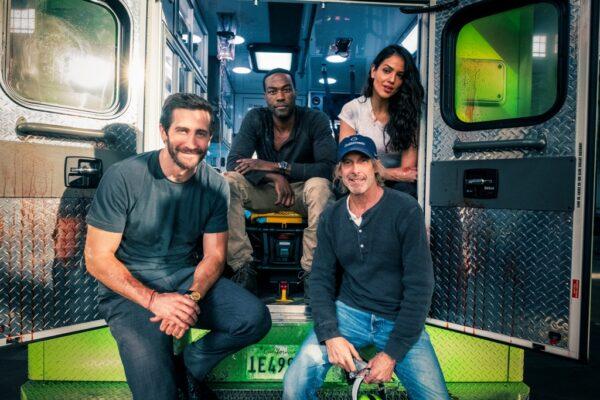 (L–R) Jake Gyllenhaal, Yahya Abdul-Mateen II, Garret Dillahunt, and Eiza González in “Ambulance.” (Universal Pictures)