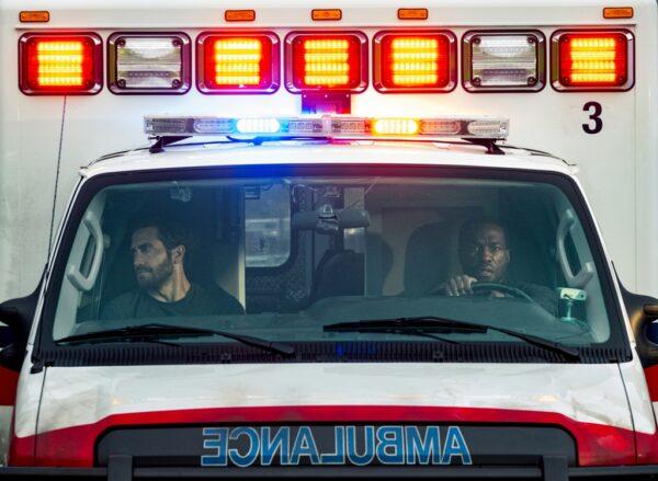 Jake Gyllenhaal (L) and Yahya Abdul-Mateen II in “Ambulance.” (Universal Pictures)
