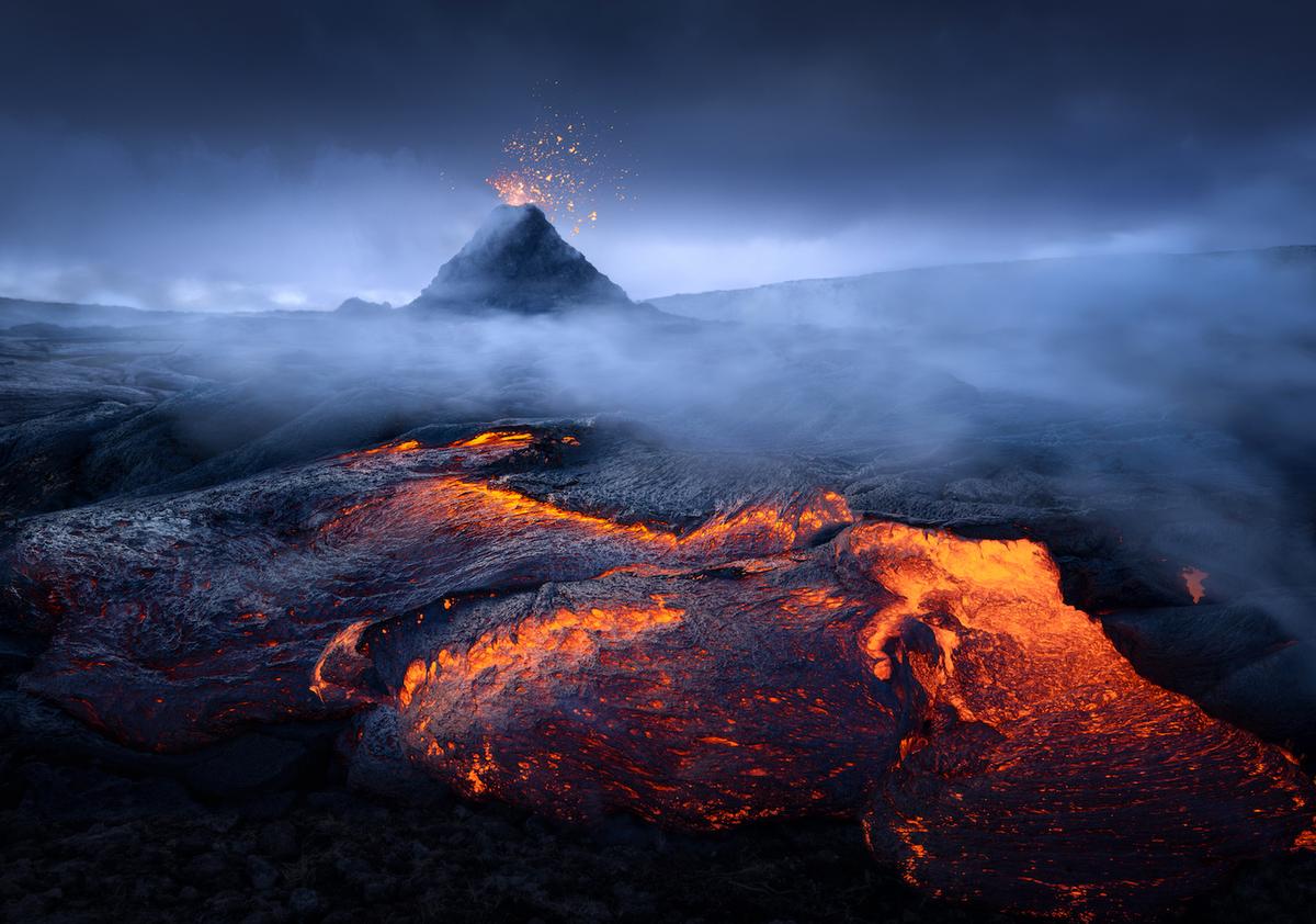 "Born of Fire" by Filip Hrebenda, Slovakia; "A photo from my ‘Born of Fire’ series. It was the first photo I took on my expedition to the volcanic area of Fagradalsfjall in southwestern Iceland. Volcanoes are a rare opportunity to observe the complete transformation of a landscape. Places that were only recently valleys and meadows became hills, craters and lava fields. Being there was a great experience." (© Filip Hrebenda, Slovakia, Winner, National Awards, Landscape, 2022 Sony World Photography Awards)