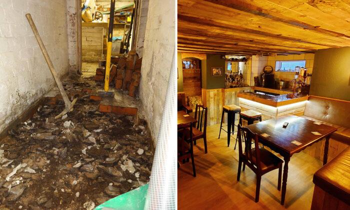Dad of 3 Transforms Damp, Unused Basement Into a Rustic Underground Bar for $3,270