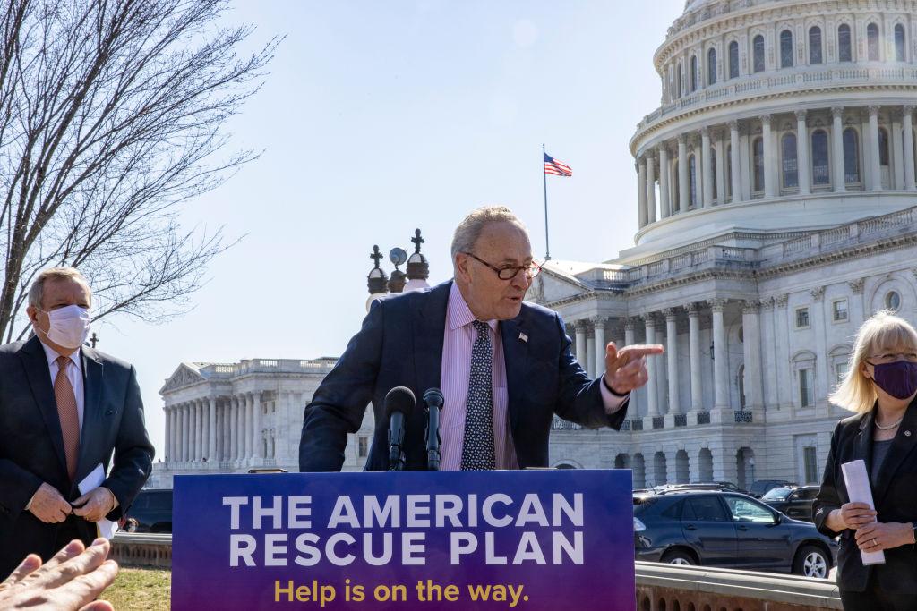 U.S. Senate Majority Leader Sen. Chuck Schumer (D-N.Y.) speaks at a press conference at the US Capitol on Mar. 10, 2021. (Tasos Katopodis/Getty Images)
