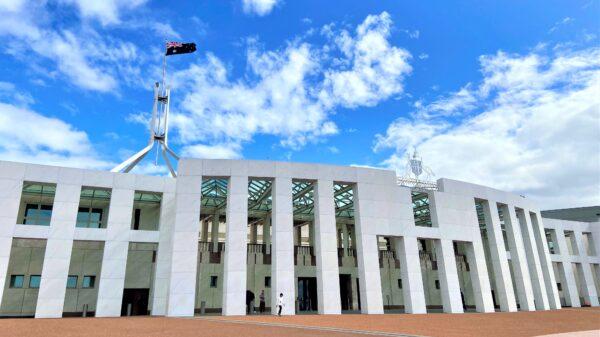 The front entrance of the federal Parliament House in Canberra, Australia, on April 1, 2022. (Daniel Teng/The Epoch Times)