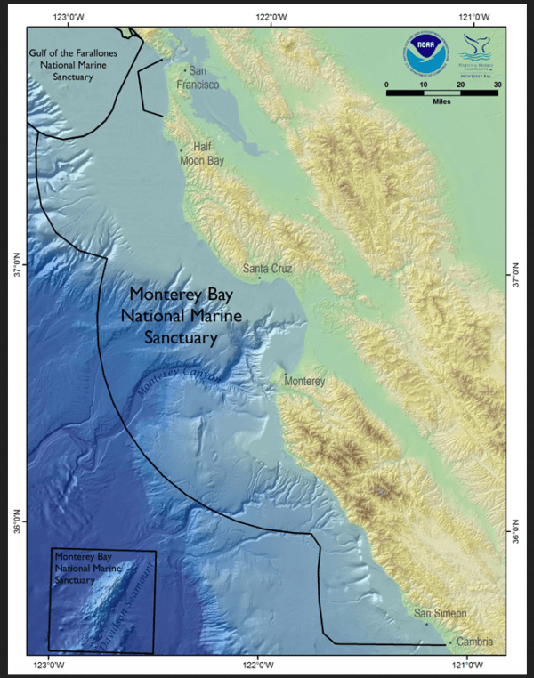 A map showing the Monterey Bay National Marine Sanctuary and submarine canyon. (courtesy of NOAA, <a href="https://montereybay.noaa.gov/materials/maps.html">https://montereybay.noaa.gov/materials/maps.html</a>)