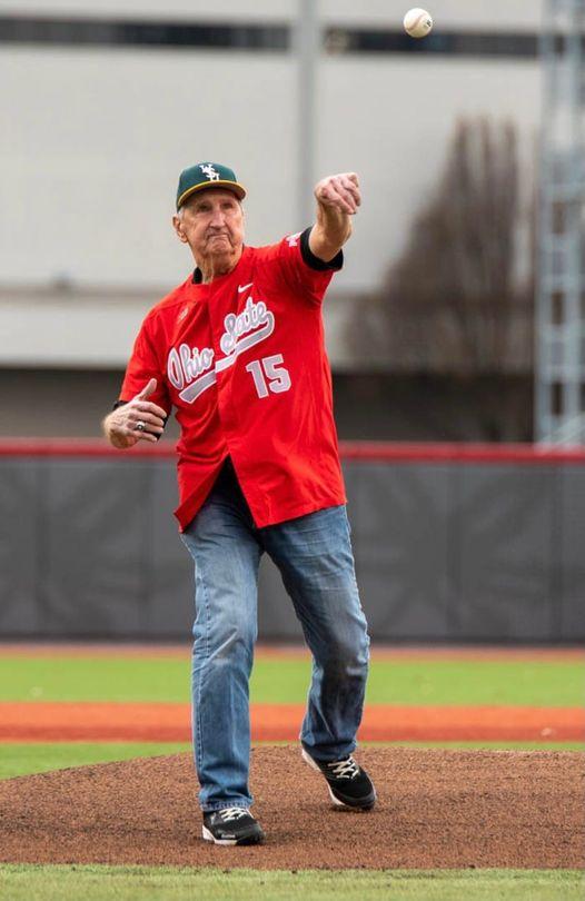 Former Major League Baseball pitcher Ron Nischwitz throwing out the first pitch at the Wright State University versus Ohio State University game in Columbus on March 22, 2022. Nischwitz was the head baseball coach at Wright State in Dayton, Ohio from 1975 to 2004, and notched 866 victories. (Courtesy Ohio State University Marketing Department)
