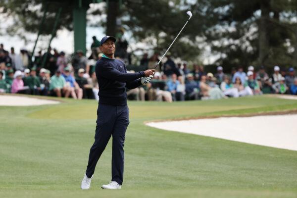 Tiger Woods plays his shot from the third tee during the second round of The Masters at Augusta National Golf Club in Augusta, Ga., on April 8, 2022. (Gregory Shamus/Getty Images)