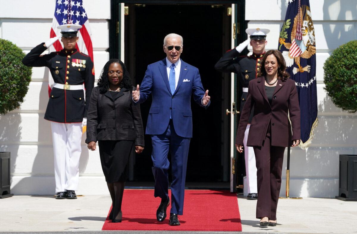 U.S. President Joe Biden walks out of the South Portico with Judge Ketanji Brown Jackson and Vice President Kamala Harris as they arrive for a celebration of Judge Jackson's confirmatio to serve on the U.S. Supreme Court, at the White House in Washington in April 8, 2022. (Kevin Lamarque/Reuters)